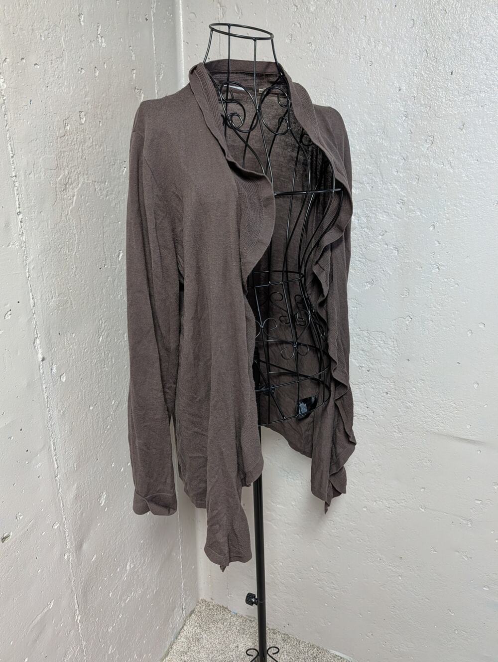 Tahari Brown Waterfall Ruffle Open Front Cotton Cardigan
